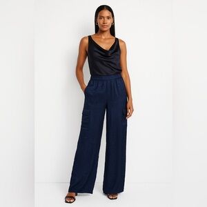NY & Co Satin High Rise Wide Leg cargo pants Blue jacquard leopard Size M NWT